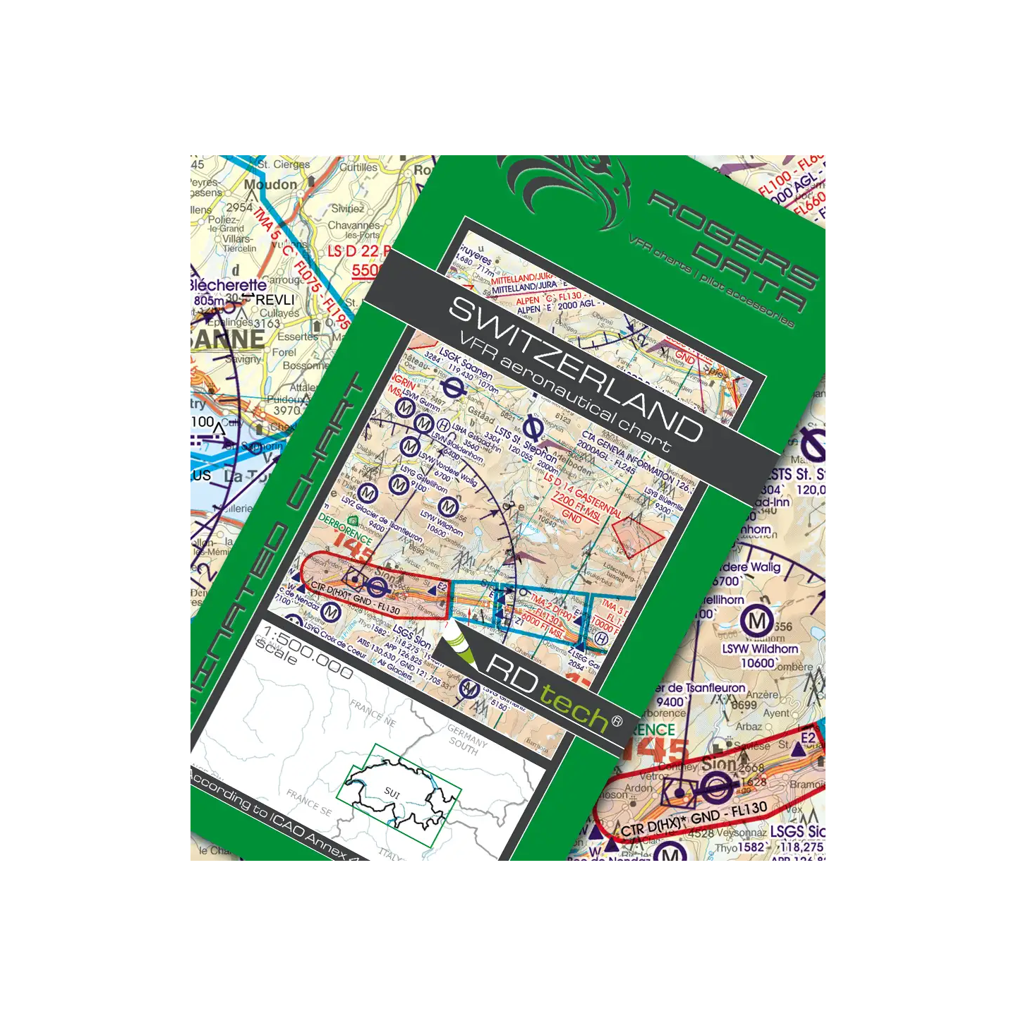 Switzerland - Rogers Data VFR Map, 1:500,000, Laminated, Folded, 2025