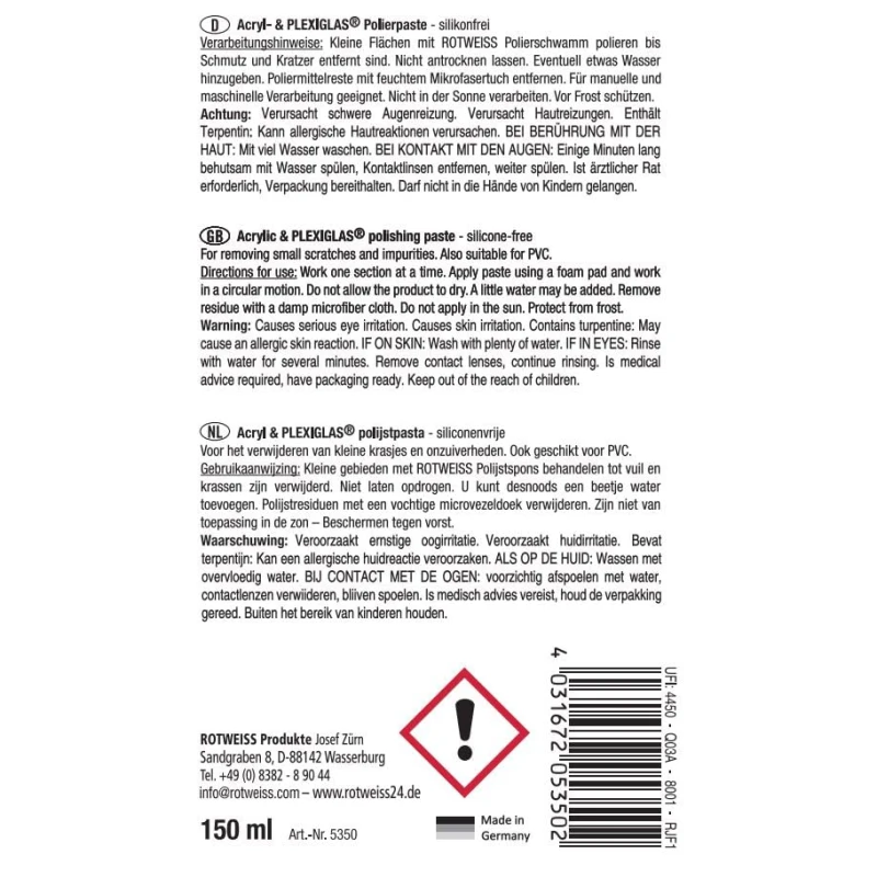 ROTWEISS - Acryl- & Plexiglas-Polierpaste, 150 ml Tube