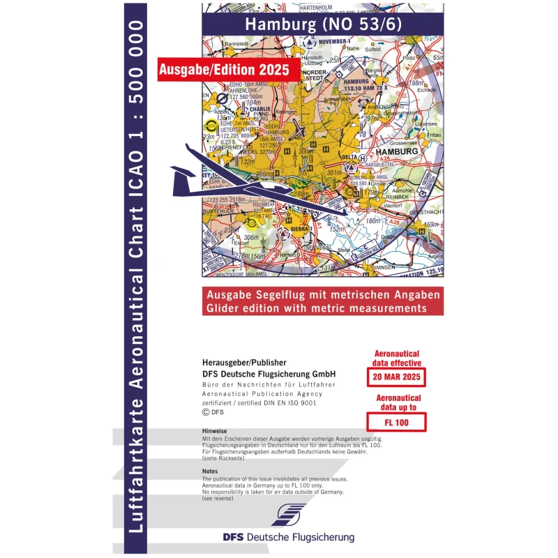 ICAO glider chart Germany without foil, Hamburg, 2025, folded