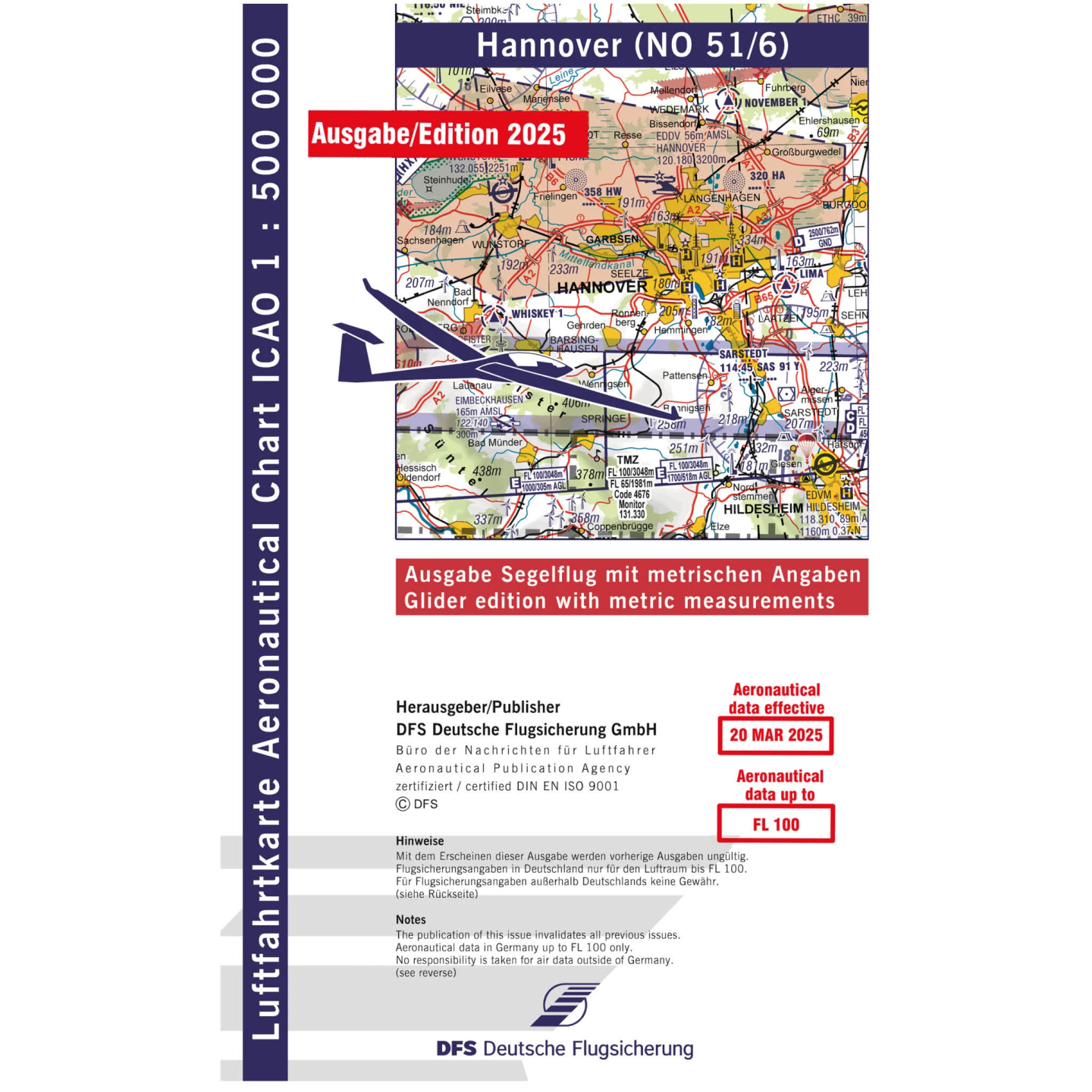 ICAO glider chart Germany without foil, Hanover, 2025, folded