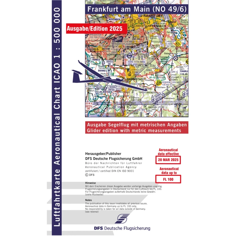 ICAO glider chart Germany without foil, Frankfurt, 2025, folded