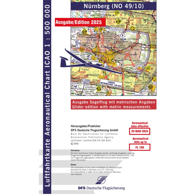 ICAO glider chart Germany without foil, Nuremberg, 2025, folded