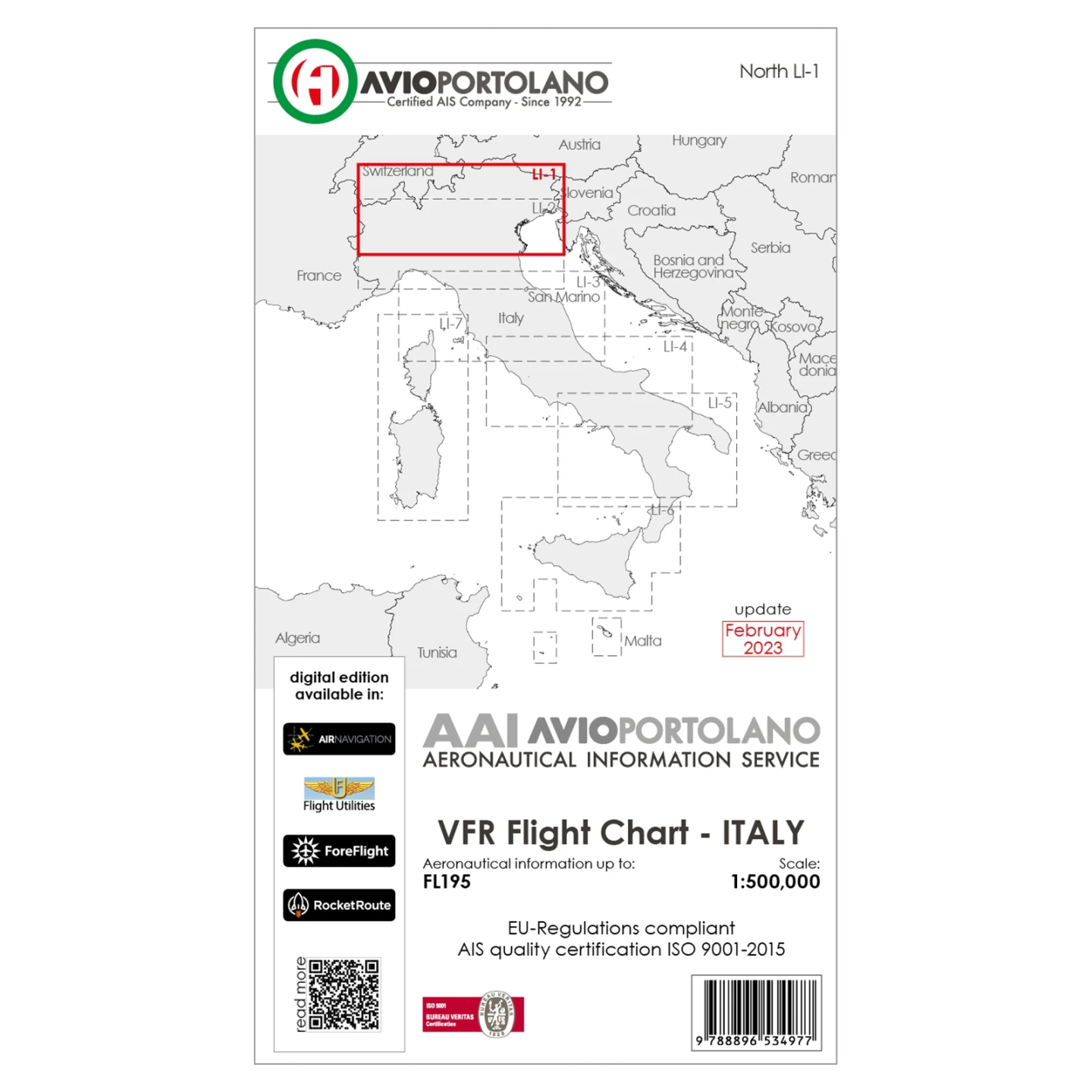 Italy LI-1 - AvioPortolano VFR Chart, Paper, laminated, folded