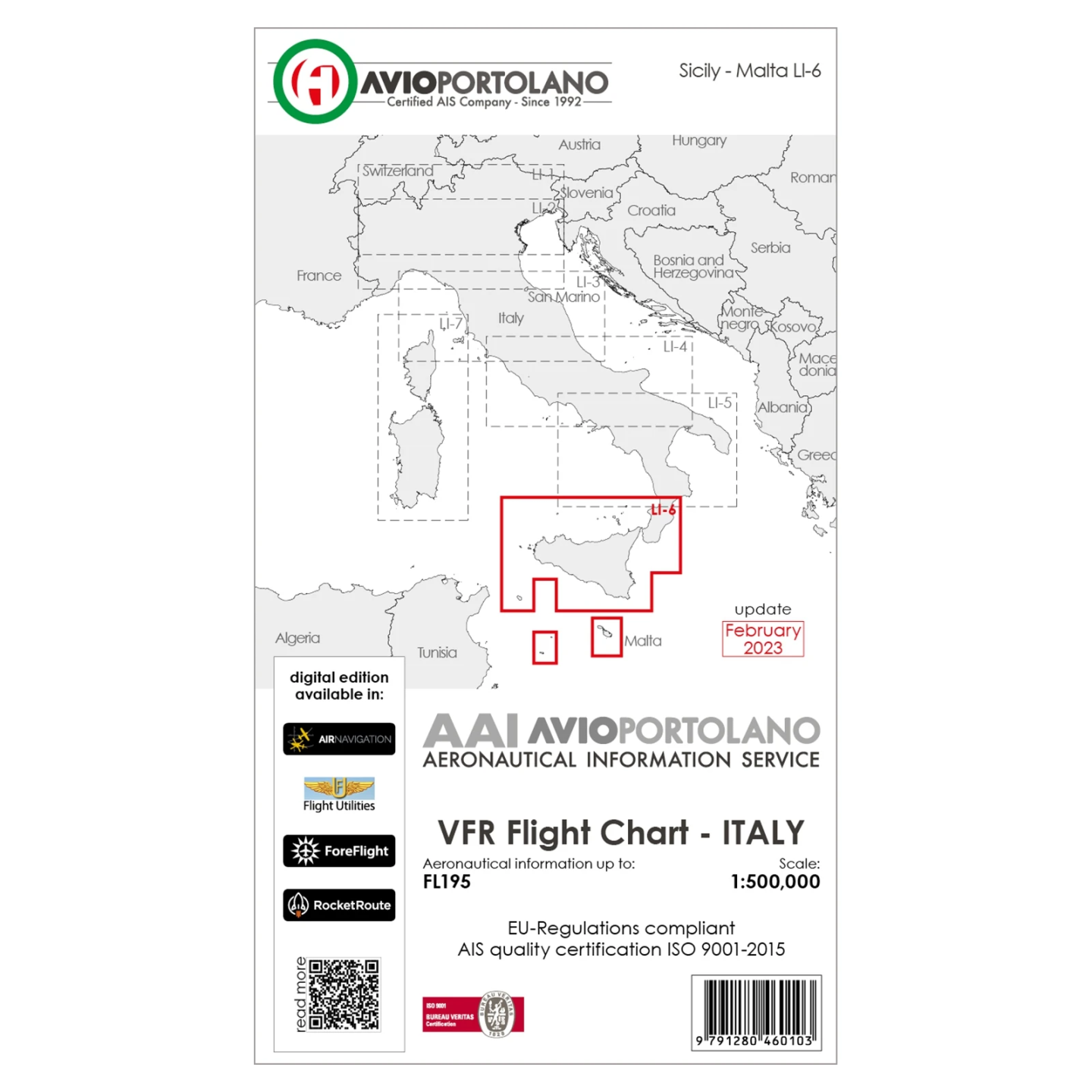 Italy LI-6 - AvioPortolano VFR Chart, Paper, laminated, folded