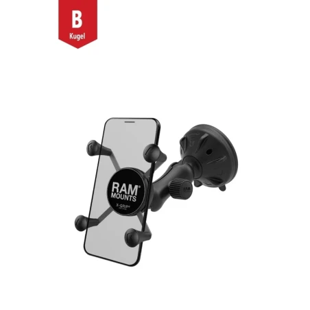RAM Mounts Verbundstoff Saugfuss-Halterung mit X-Grip Halteklammer für Smartphones bis 82,6 mm Breite - B-Kugel (1 Zoll)