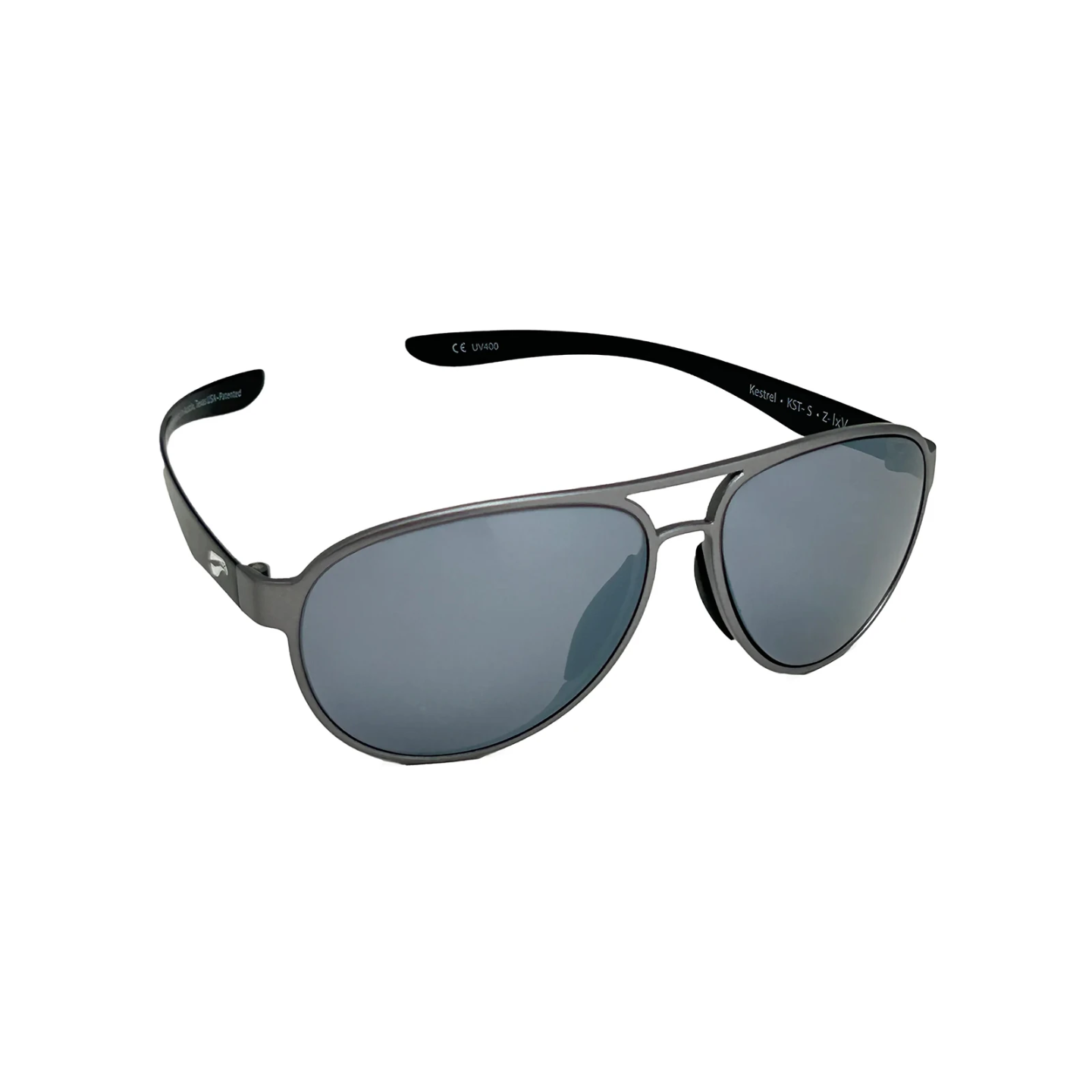 Flying Eyes Sunglasses Kestrel Aviator - Silver Frame with Black Temples, Onyx Lenses (Mirrored)