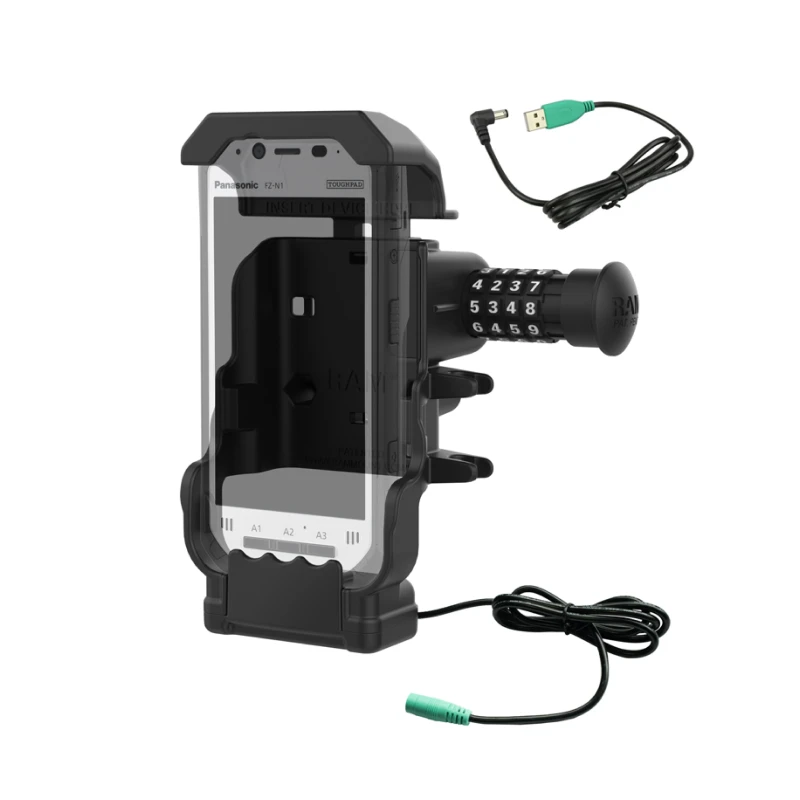 Halteschale mit Stromversorgung für Panasonic Toughbook FZ-N1 / FZ-F1 - abschließbar (Zahlenschloss), AMPS 2-Loch-Aufnahme