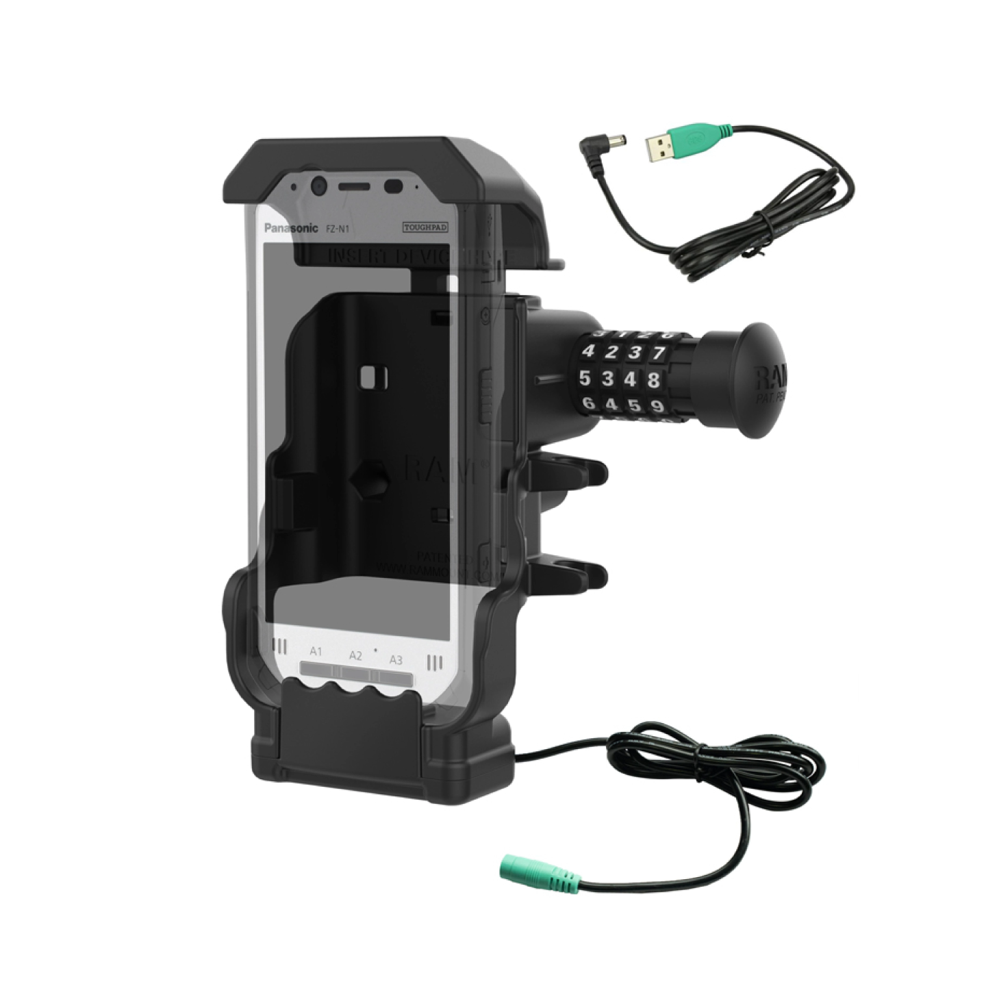 Cradle with power supply for Panasonic Toughbook FZ-N1 / FZ-F1 - lockable (combination lock), AMPS 2-hole mount