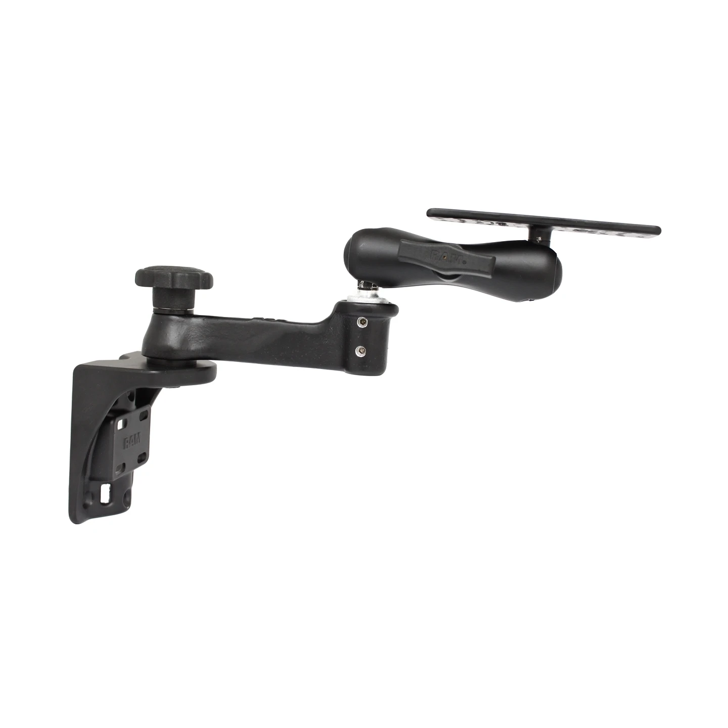 Swivel arm for vertical wall mounting - vertical base, centre connecting arm, rectangular universal plate
