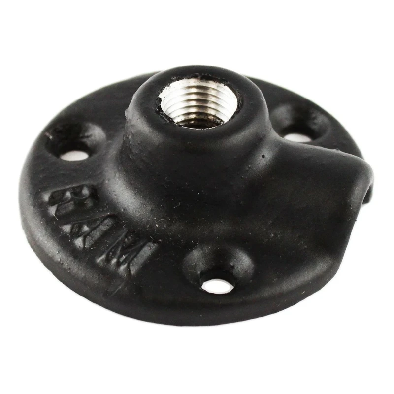 Round base plate with 1/4 inch NPT female thread - diameter 63.5 mm, thread at 90° to the plate, 120° 3-hole grid