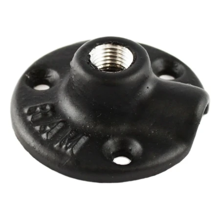 Round base plate with 1/4 inch NPT female thread - diameter 63.5 mm, thread at 90° to the plate, 120° 3-hole grid