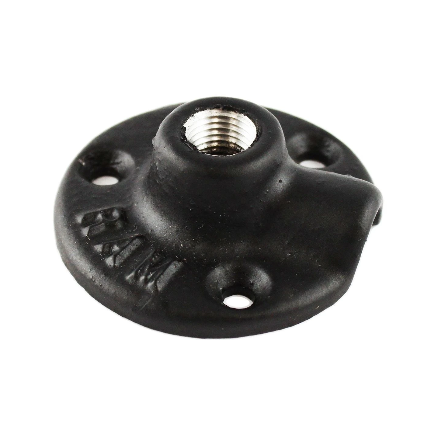 Round base plate with 1/4 inch NPT female thread - diameter 63.5 mm, thread at 90° to the plate, 120° 3-hole grid