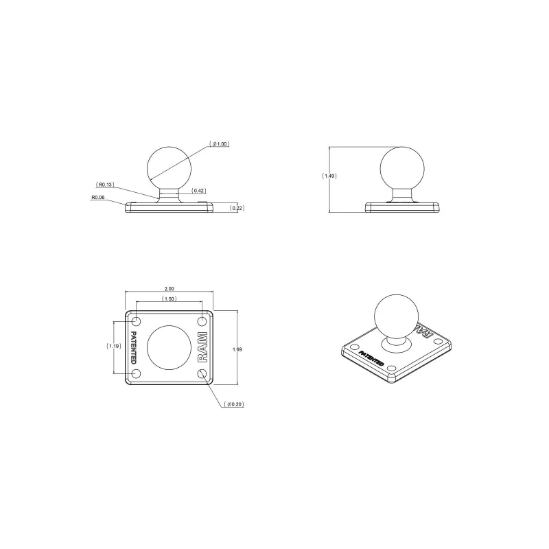 Basisplatte rechteckig (2 x 1,7 Zoll) -  (1 Zoll), AMPS-Lochraster