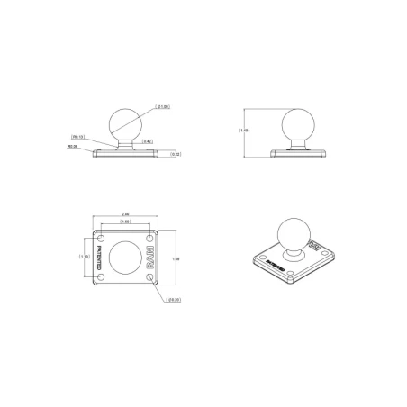 Basisplatte rechteckig (2 x 1,7 Zoll) -  (1 Zoll), AMPS-Lochraster