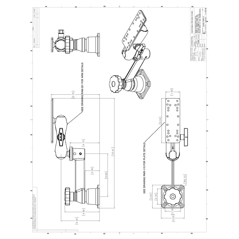 Swivel arm for marine GPS - horizontal base, centre connecting arm, rectangular universal plate (approx. 158 x 50 mm)