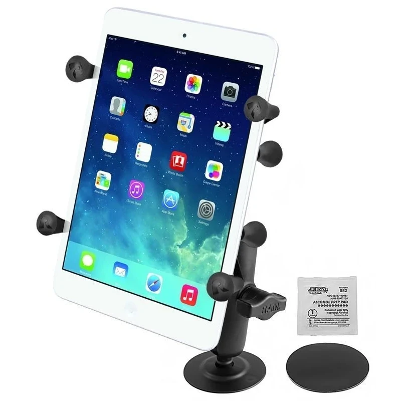 Surface-mounted adhesive mount with X-Grip holding clamp for tablets (7 inch) - (1 inch), adhesive base, centre connecting arm
