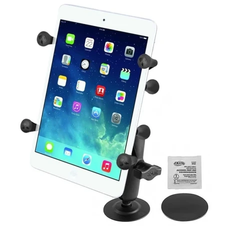 Surface-mounted adhesive mount with X-Grip holding clamp for tablets (7 inch) - (1 inch), adhesive base, centre connecting arm