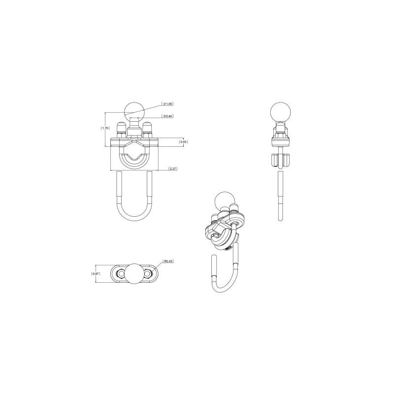 RAM Mounts Schraub-Klemmeschelle - B-Kugel (1 Zoll), für Durchmesser 12,7 - 31,8 mm, U-Bügel verzinkt