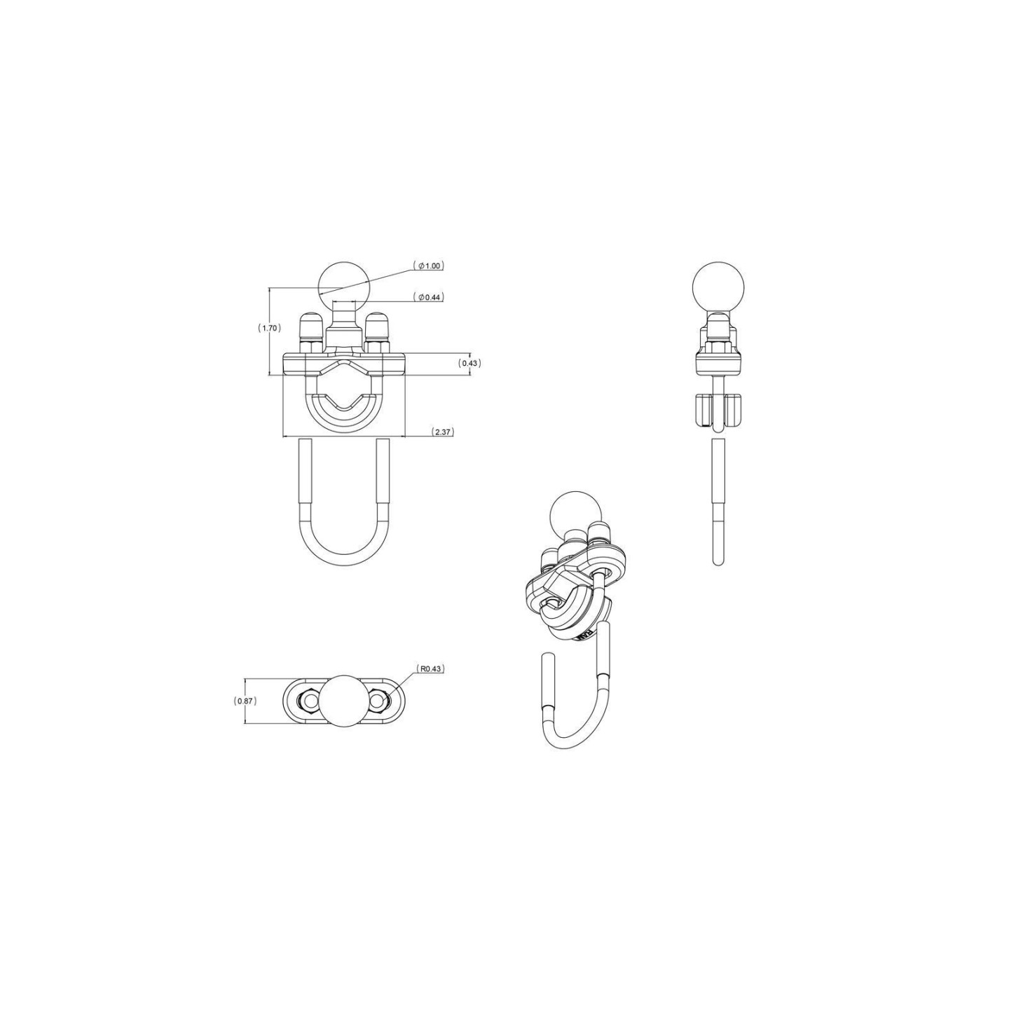 RAM Mounts Screw Clamp - B-Ball (1 inch), for diameters 12.7 - 31.8 mm, U-Bracket galvanized