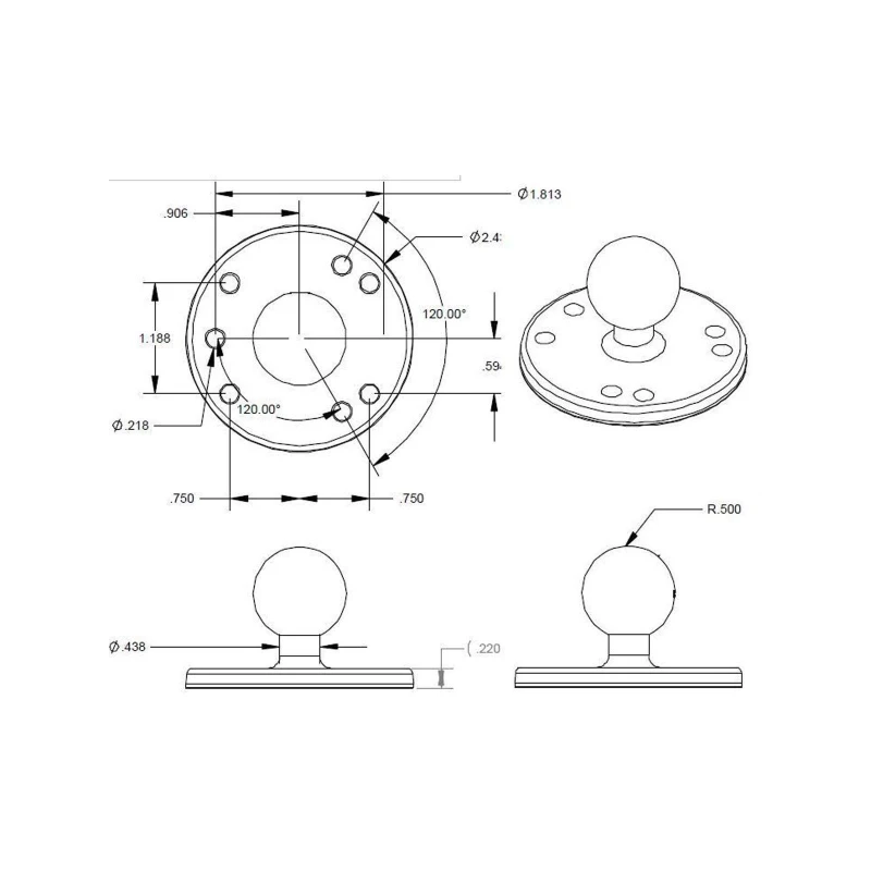 RAM Mounts Basisplatte rund - B-Kugel (1 Zoll), Platten-Durchmesser 63,5 mm, AMPS-Lochraster