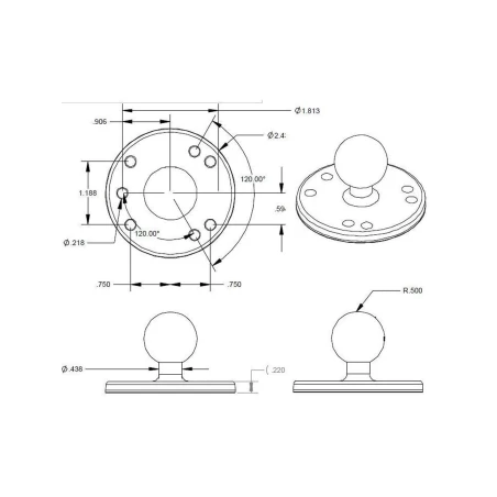 RAM Mounts Basisplatte rund - B-Kugel (1 Zoll), Platten-Durchmesser 63,5 mm, AMPS-Lochraster