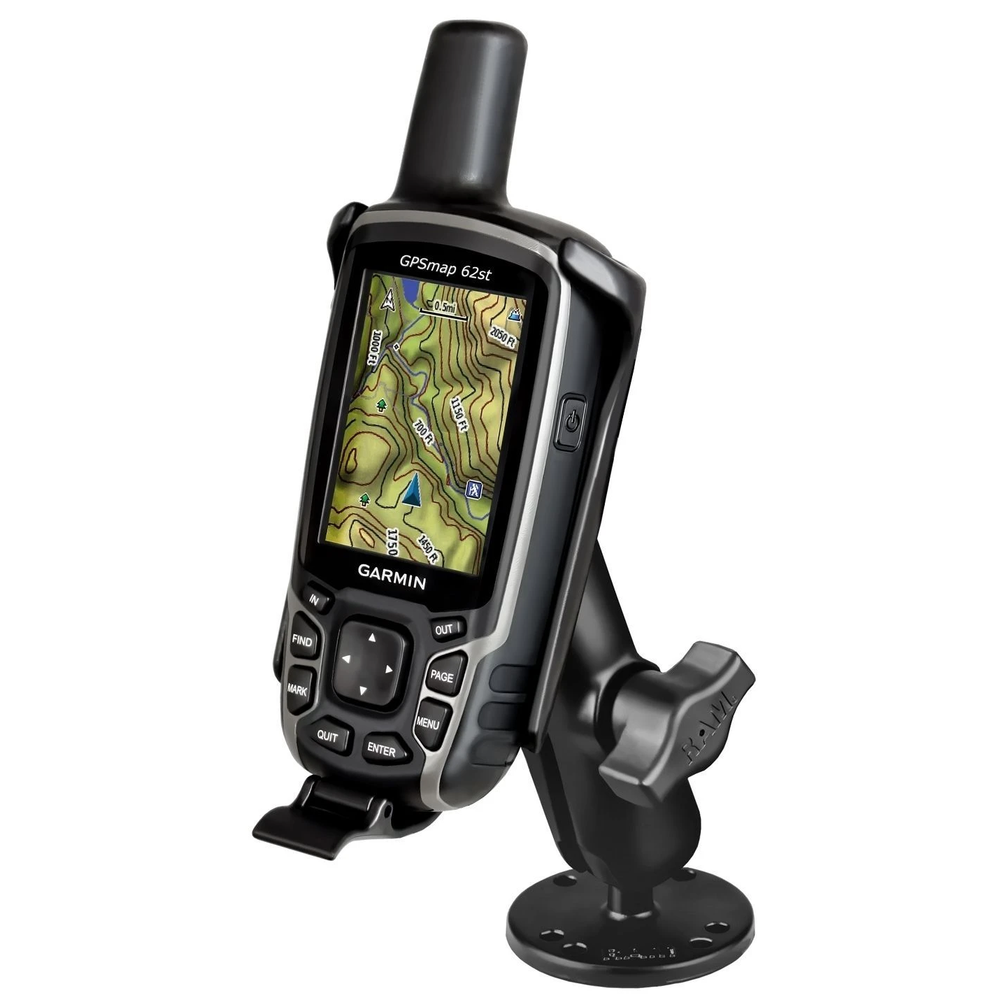 Aufbau-Halterung Garmin GPSMAP 62/64 -  (1 Zoll), mittlerer Verbindungsarm, runde Basisplatte (AMPS)