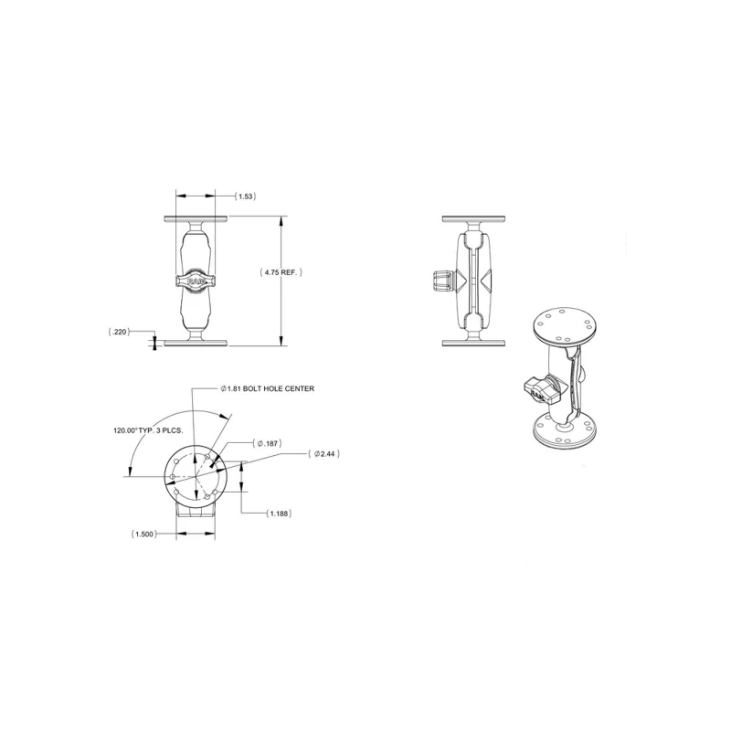 Marine-Set Garmin 7200 -  (1 Zoll), 2x runde Basisplatten (AMPS), mittlerer Verbindungsarm, Schrauben-Set