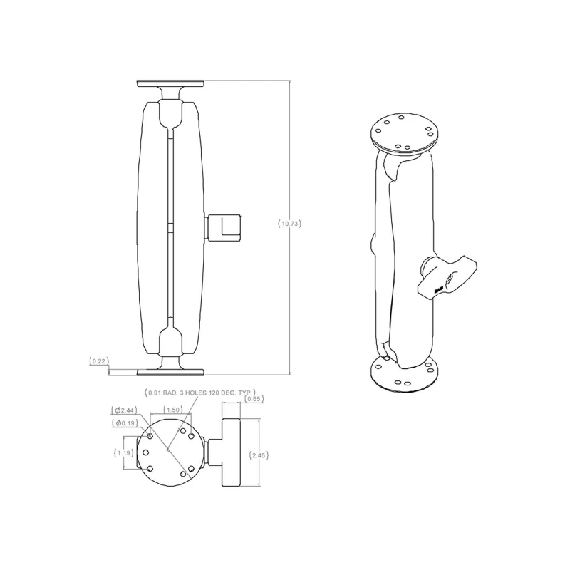 Assembly set - 2x round base plate (AMPS), long connecting arm