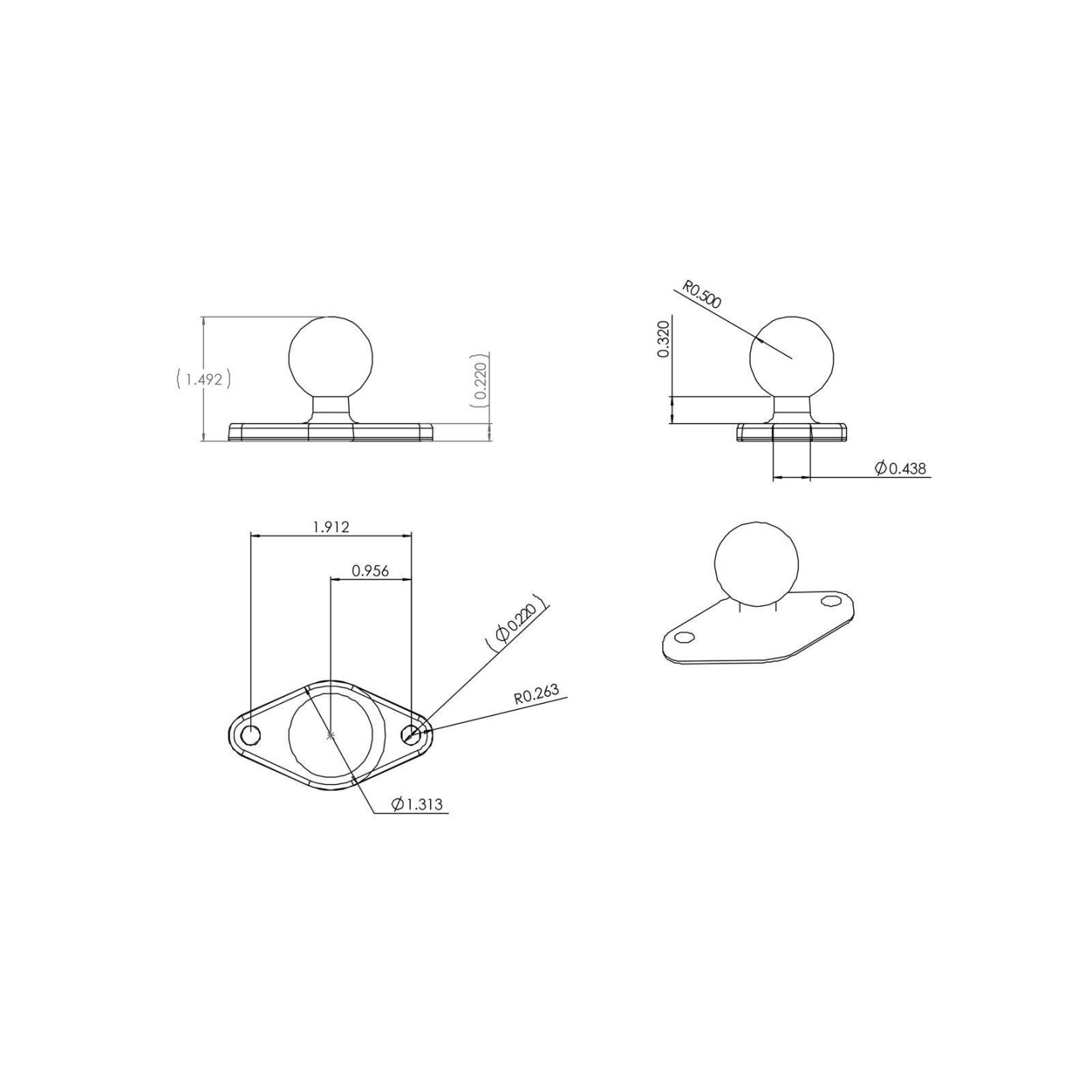 RAM Mounts Diamond Base Plate (Trapezoid) - 1 Inch B Ball, 2-Bolt AMPS Hole Grid