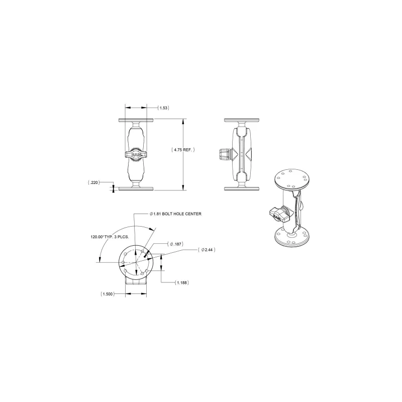 Aufbau-Set -  (1 Zoll), 2x runde Basisplatten (AMPS), mittlerer Verbindungsarm