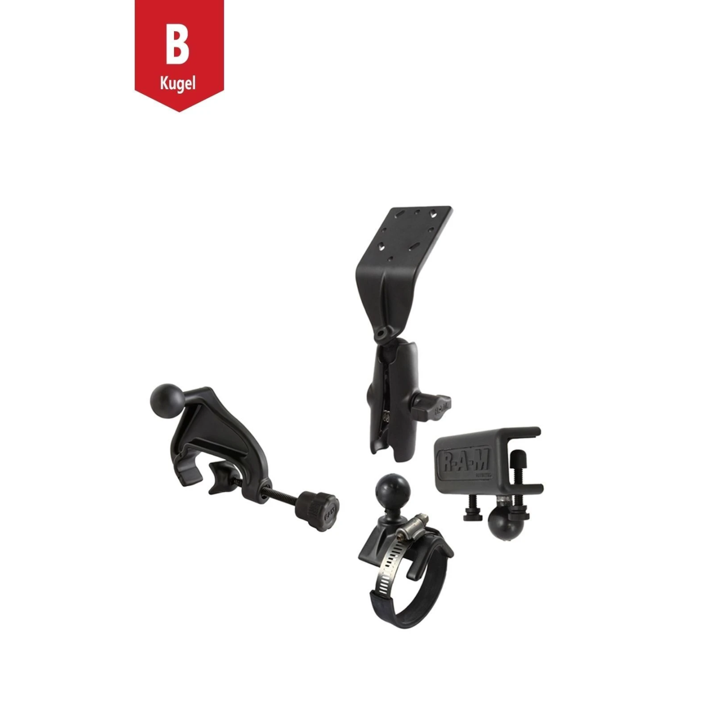 Set -  (1 Zoll), 3 Basisbefestigungen, mittlerer Verbindungsarm, gewölbte Adapterplatte