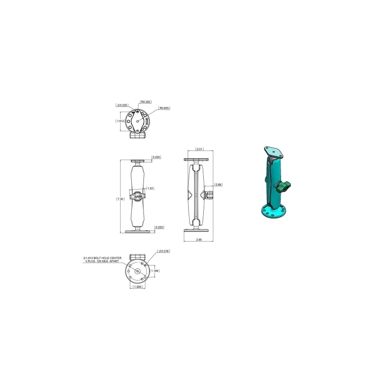 Set -  (1 Zoll), runde Basisplatte (AMPS), langer Verbindungsarm (ca. 150 mm), Diamond Basisplatte (Trapez)