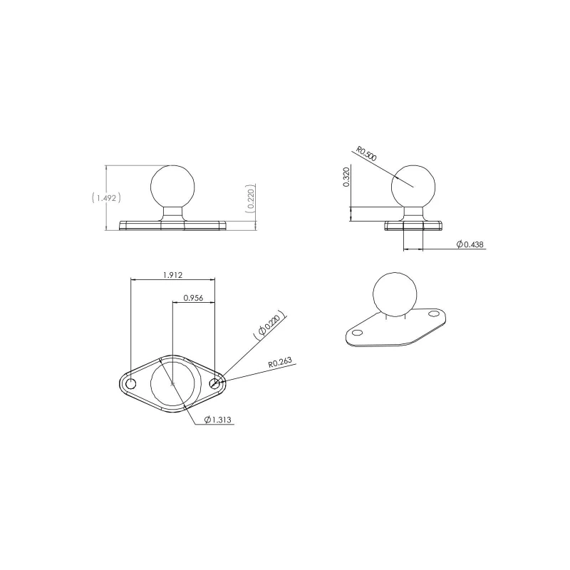 Set -  (1 Zoll), runde Basisplatte (AMPS), langer Verbindungsarm (ca. 150 mm), Diamond Basisplatte (Trapez)