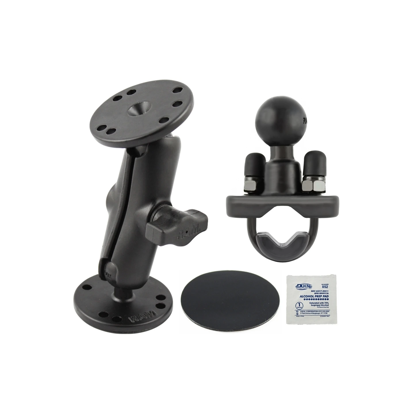 Set -  (1 Zoll), 2x runde Basisplatte (AMPS), mittlerer Verbindungsarm, Rohrschelle