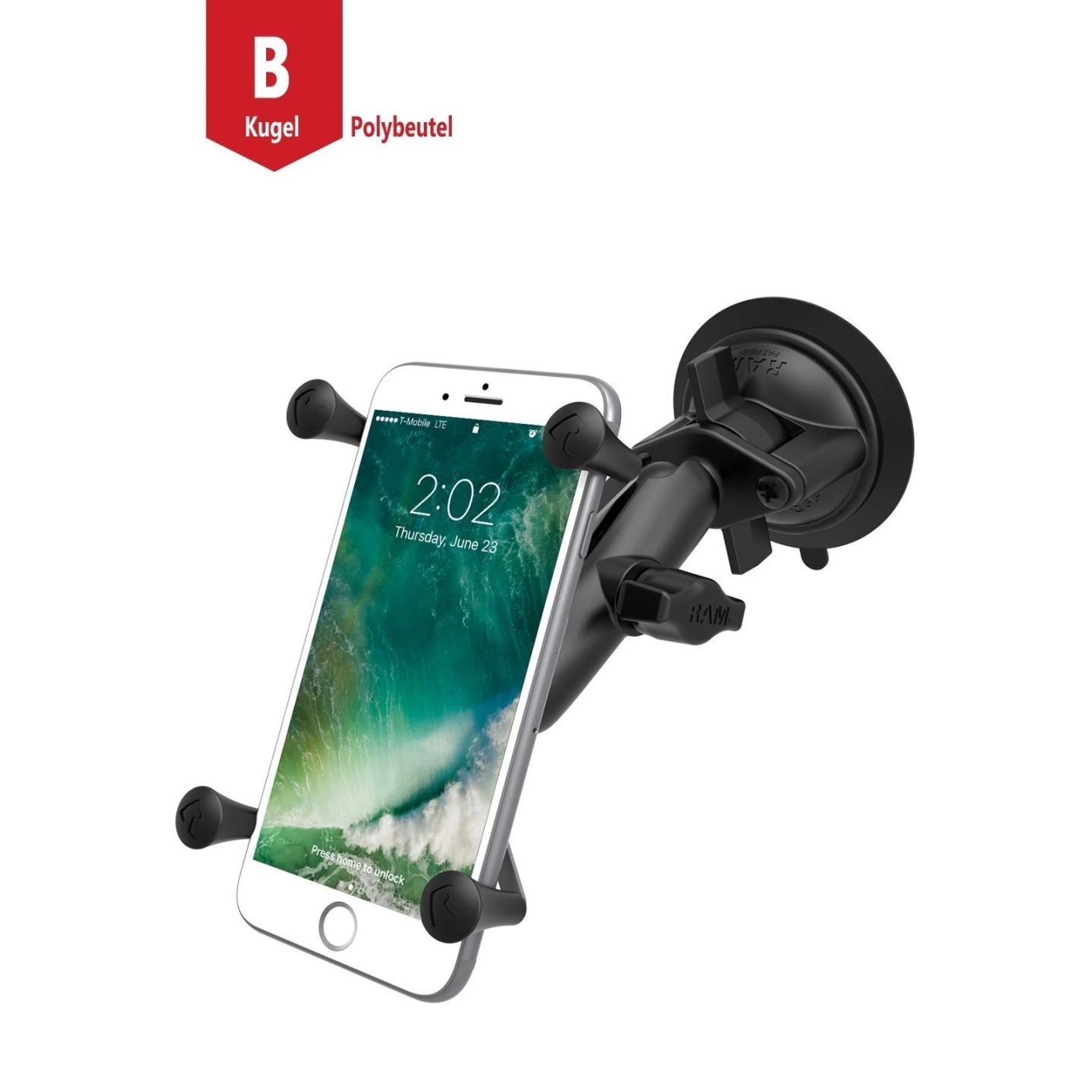 X-Grip suction cup mount for smartphones up to 114.3 mm wide - (1 inch), centre connection arm