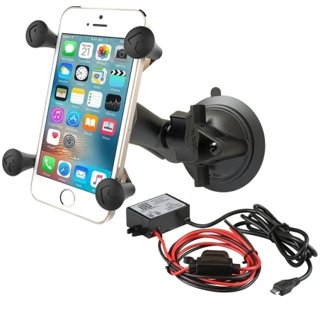 X-Grip Saugfuss-Halterung für Smartphones bis 82,6 mm Breits -  (1 Zoll), mittlerer Verbindungsarm, microUSB Strom-Adapter