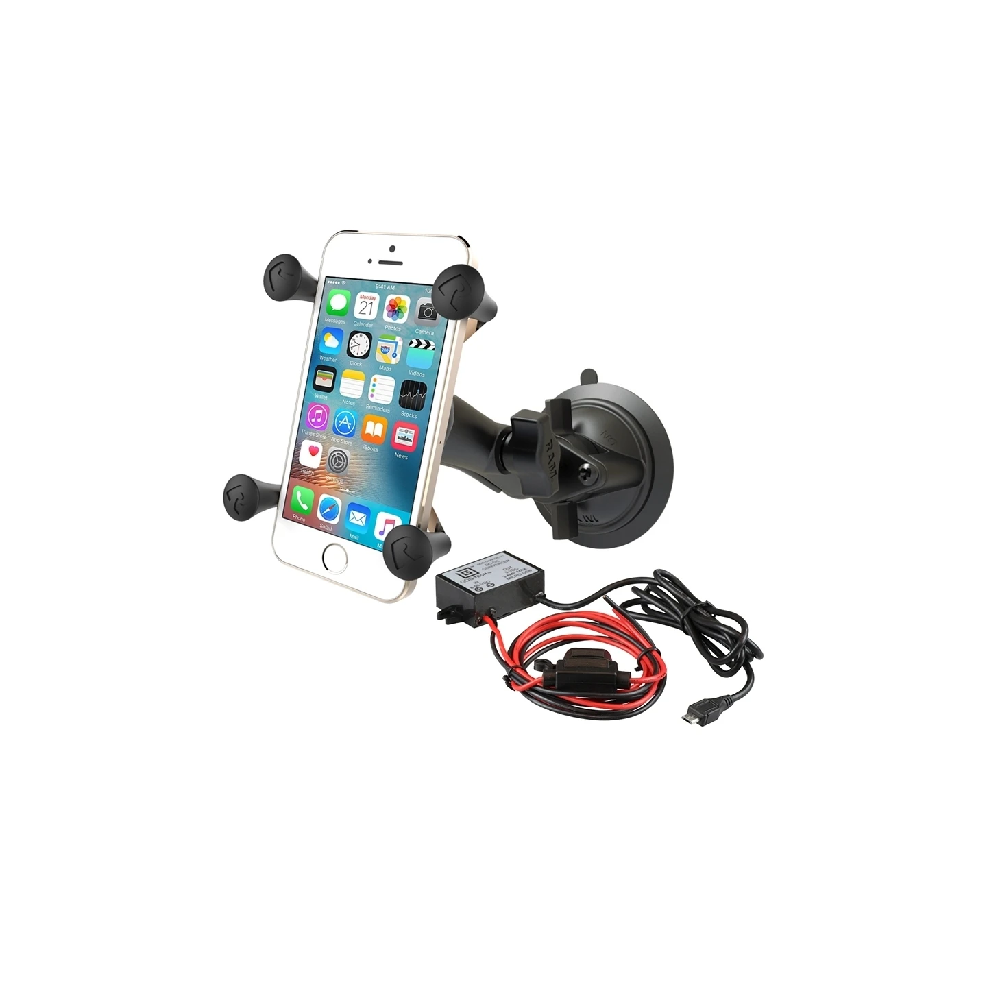 X-Grip suction cup mount for smartphones up to 82.6 mm wide - (1 inch), centre connection arm, microUSB power adapter