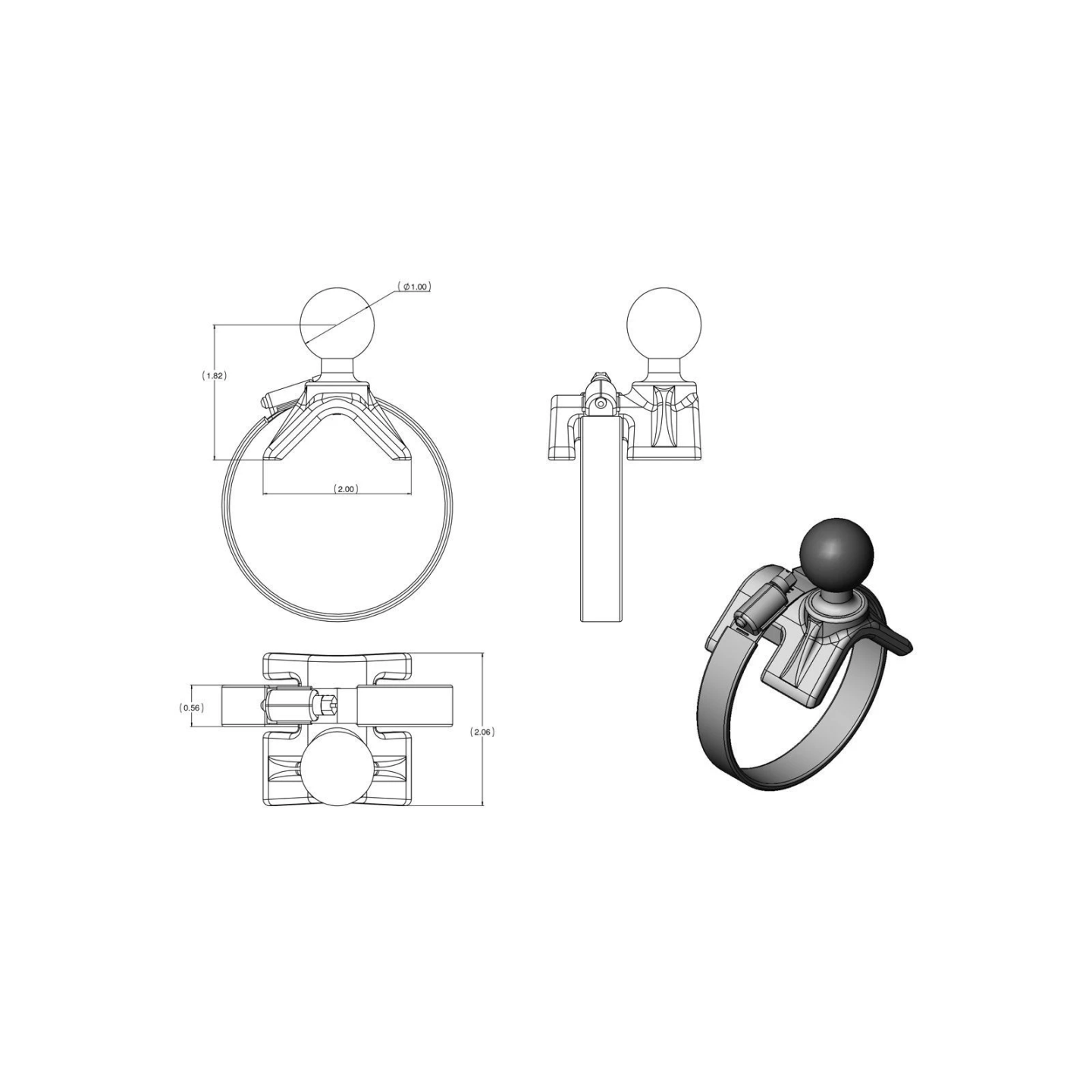 V-base with pipe clamp - (1 inch), for diameters 25.4-53.3 mm