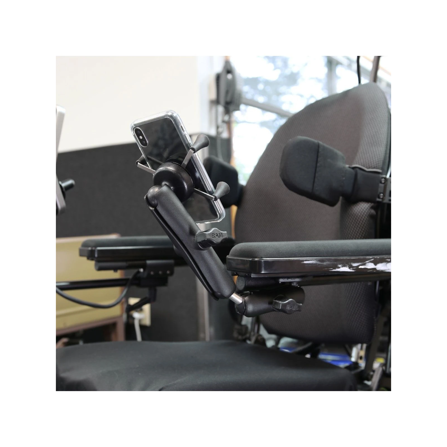 X-Grip smartphone holder (up to 82.6 mm wide) for wheelchairs - (1 inch), Diamond adapter (trapeze) for armrest
