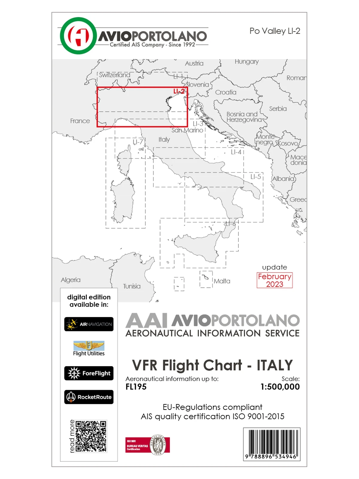 Italy LI-2 - AvioPortolano VFR Chart, Paper, laminated, folded